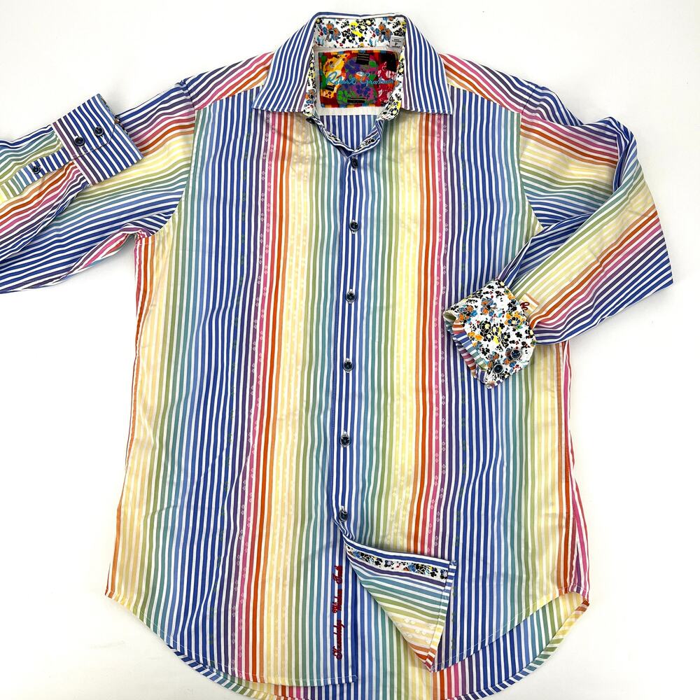 Robert Graham Mens Button Up Shirt Rainbow Ombre Stripe Flip Cuff Sz S Preowned